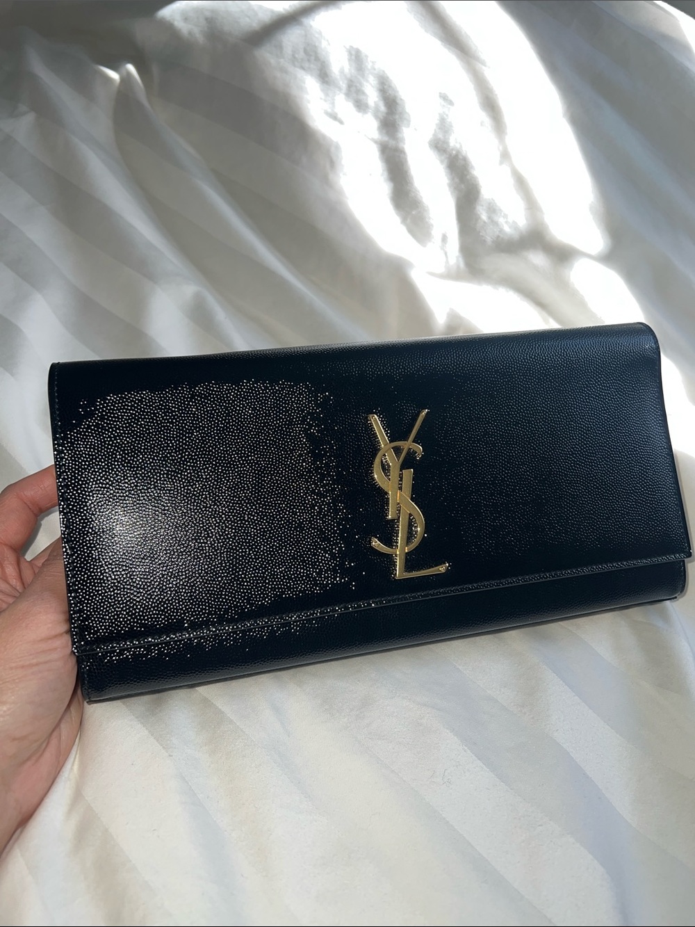 Saint Laurent Black Leather YSL Logo Clutch with Gold Hardware